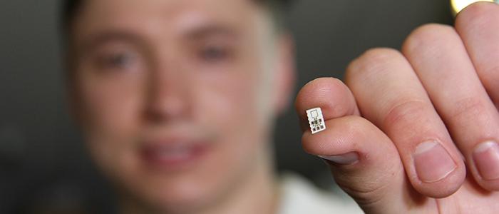 person holding a very small computer chip