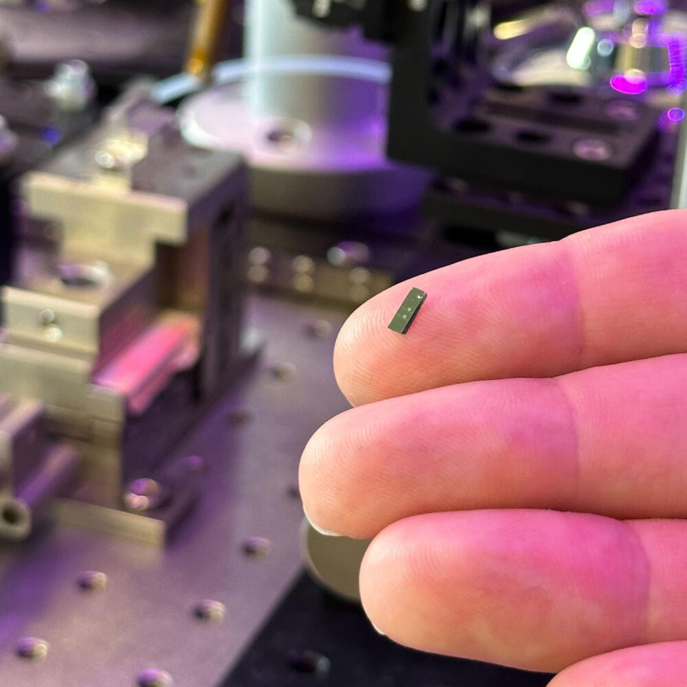 Close-up of the chip-scale isolator. (Image credit: Hannah Kleidermacher)